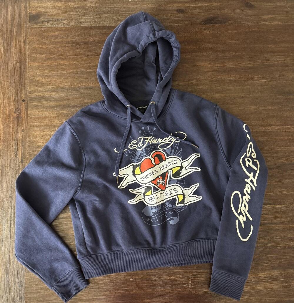 Ed Hardy Crop Hoodie Womens Large Navy Broken Hearts Fairytales Tattoo Fleece